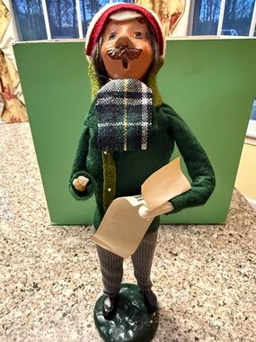 Green Felt Holiday Caroler Figurine with Plaid Scarf